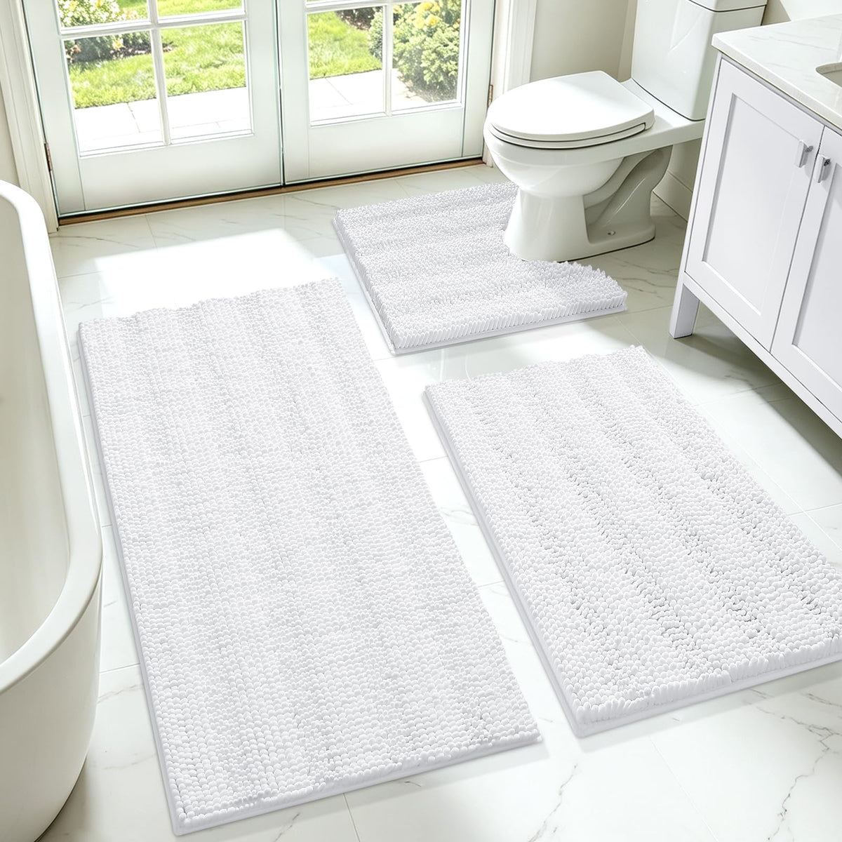 ACCUMTEK Christmas Striped Pink Bathroom Rug Set 3 Pieces Ultra Soft, Non Slip Chenille Toilet Mat, Absorbent Plush Shaggy Bath Mats for Bathroom, Bedroom, Kitchen