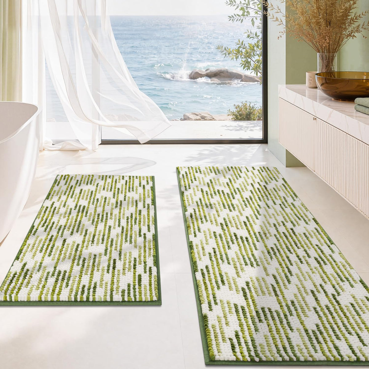 BSICPRO Large Chenille Bathroom Rugs Runner, 20x47 Striped Bath Mats, Beige