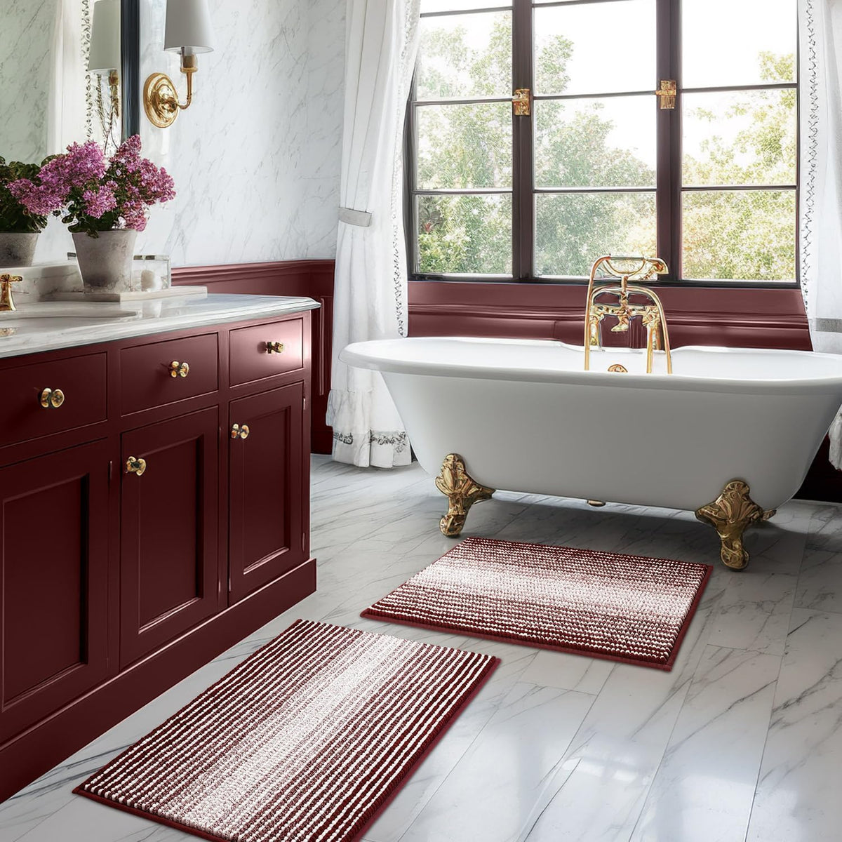 BSICPRO Large Chenille Bathroom Rugs Runner, 20x47 Striped Bath Mats, Beige