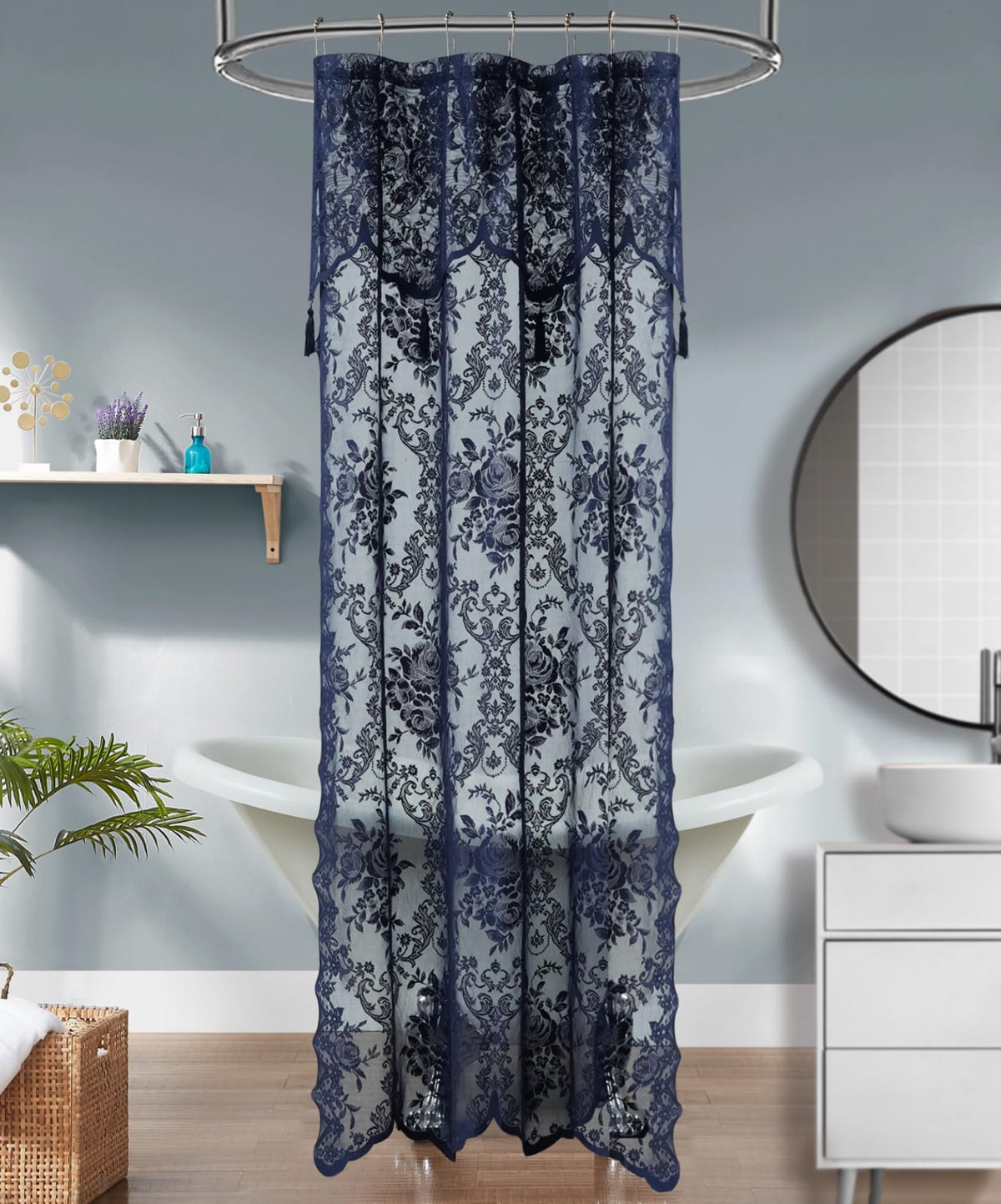 Warm Home Designs Navy Blue Lace Shower Curtain with Valance. LA Navy 72