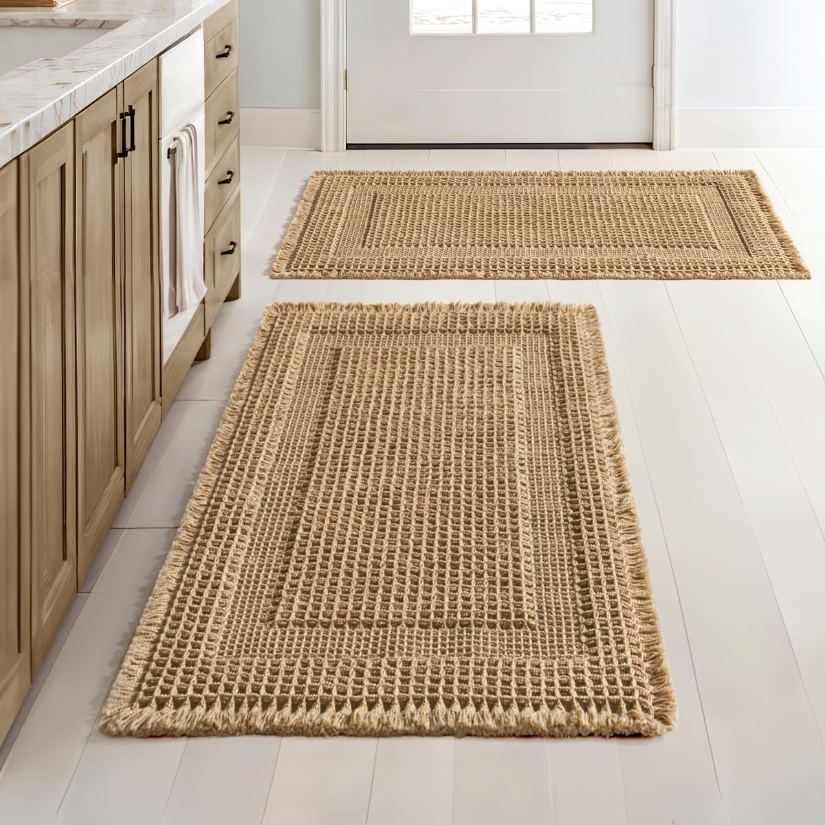 MIULEE Set of 2 Waffle Bathroom Rugs Brown&Cream Boho Bath Mat 17x24+18x30