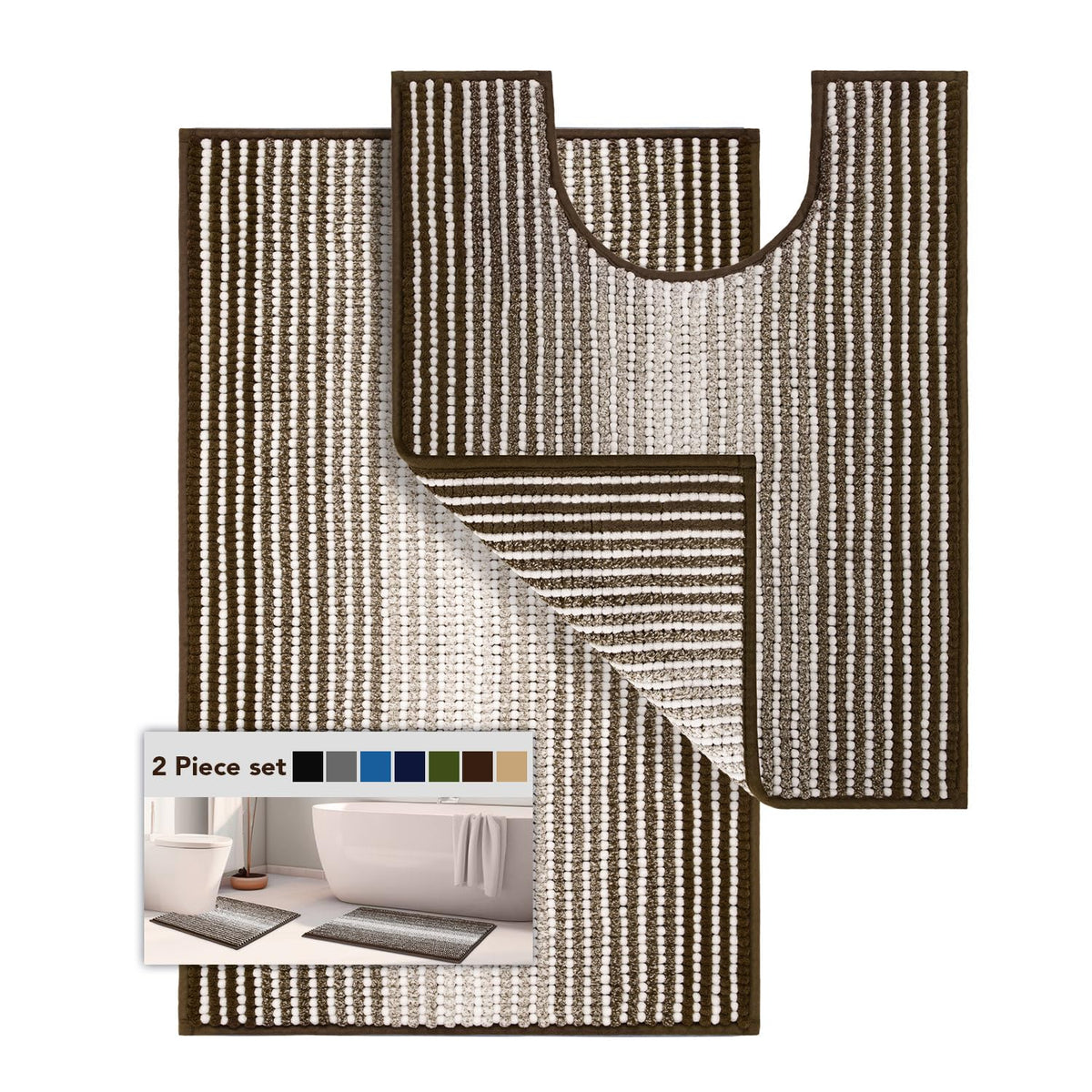 BSICPRO Large Chenille Bathroom Rugs Runner, 20x47 Striped Bath Mats, Beige