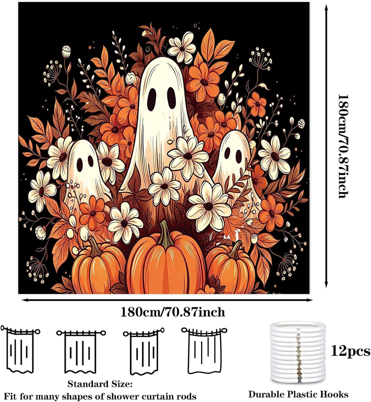 Halloween Shower Curtain 71x71in, Ghost Floral Bath Bathroom Decor