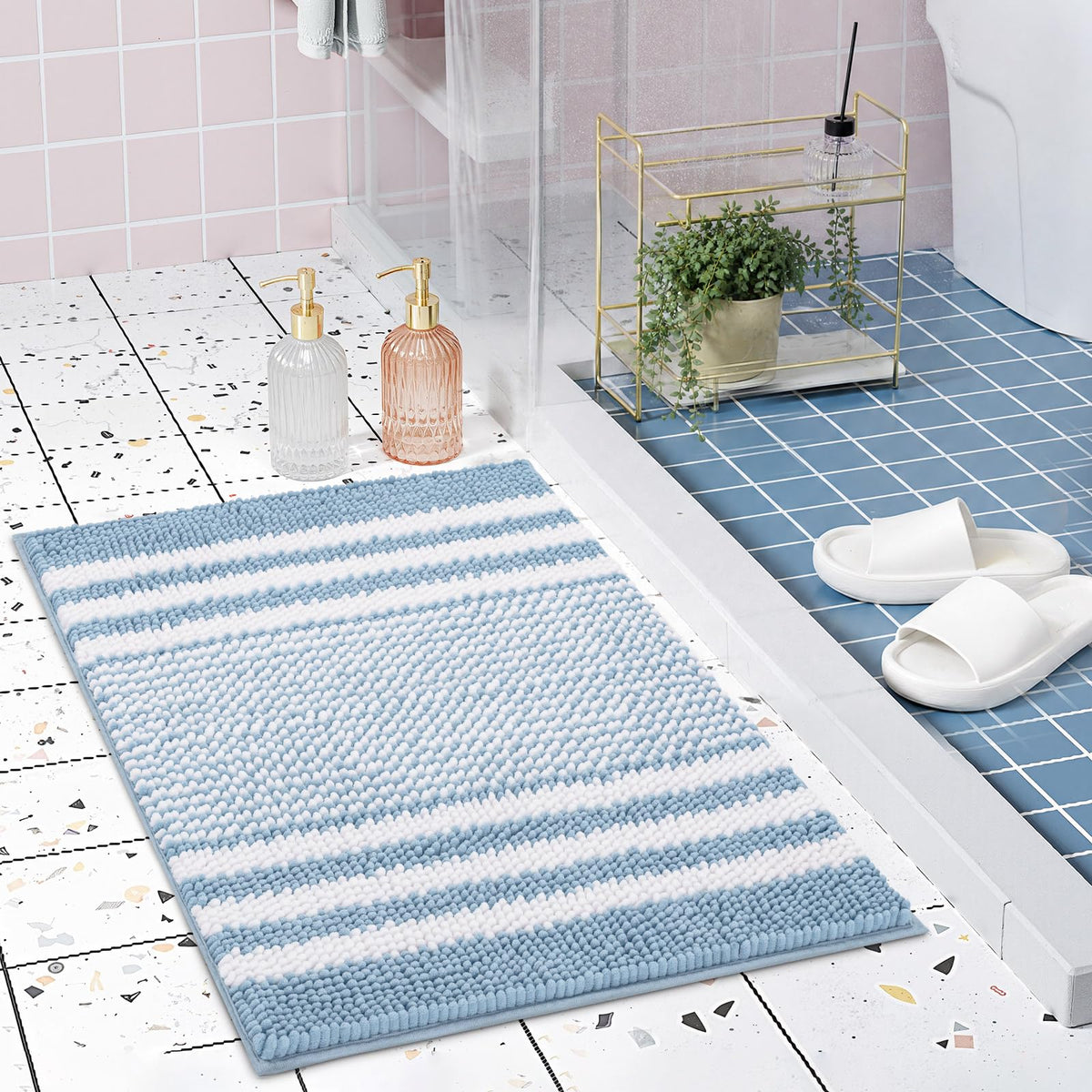 BSICPRO Large Chenille Bathroom Rugs Runner, 20x47 Striped Bath Mats, Beige