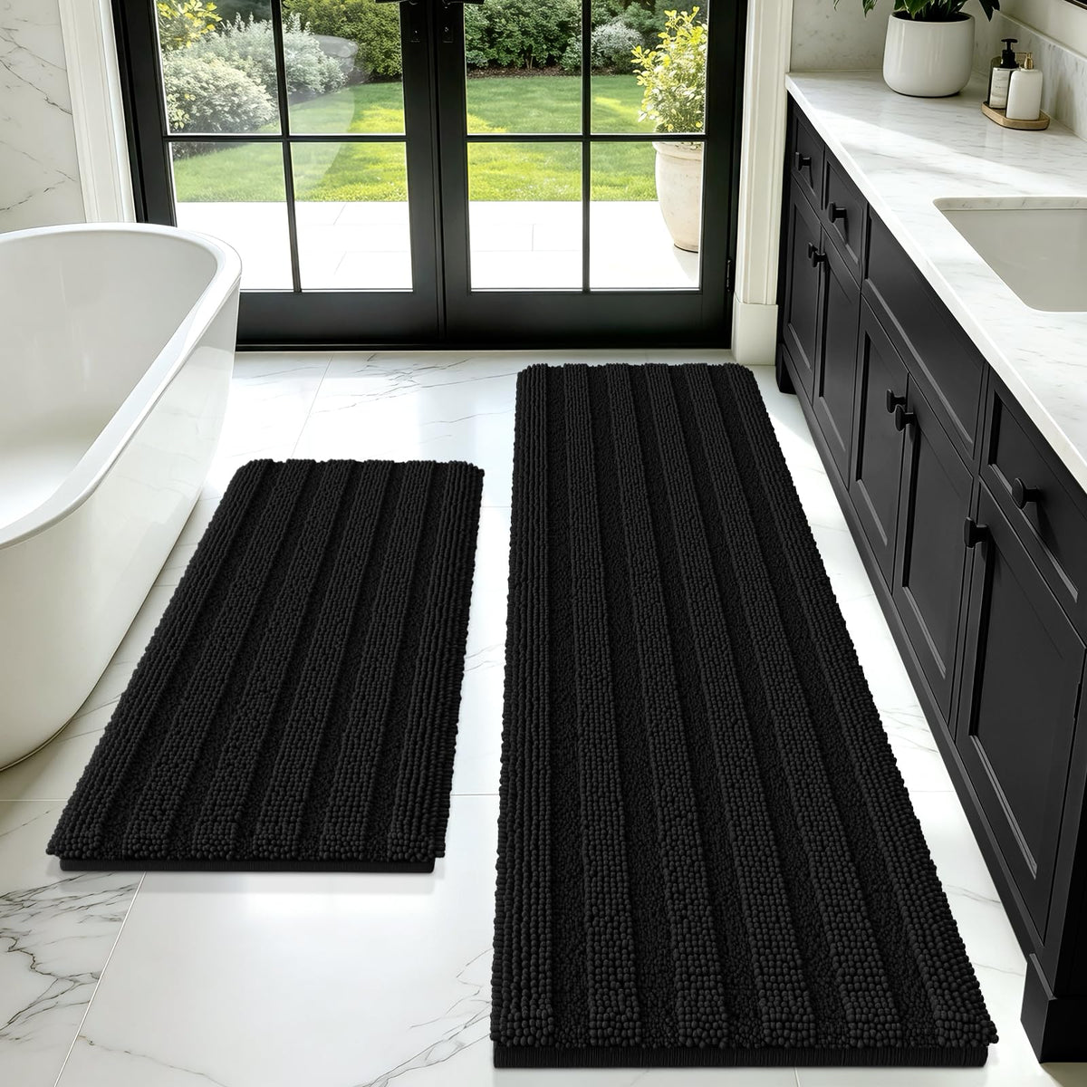 ACCUMTEK Christmas Striped Pink Bathroom Rug Set 3 Pieces Ultra Soft, Non Slip Chenille Toilet Mat, Absorbent Plush Shaggy Bath Mats for Bathroom, Bedroom, Kitchen