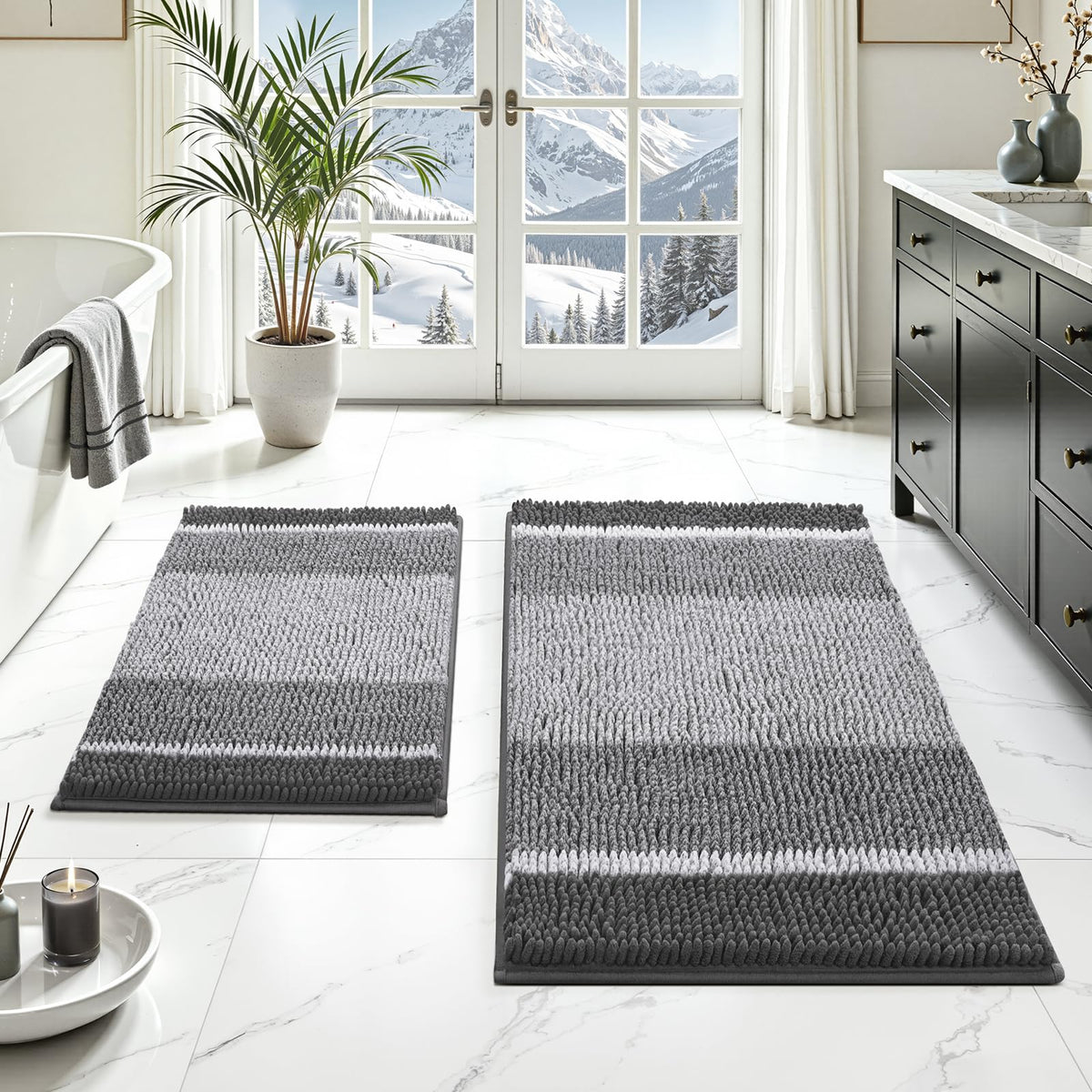 HOMEIDEAS Blue Bathroom Rugs Sets 2 Piece Chenille, 20"x32"+17"x24"