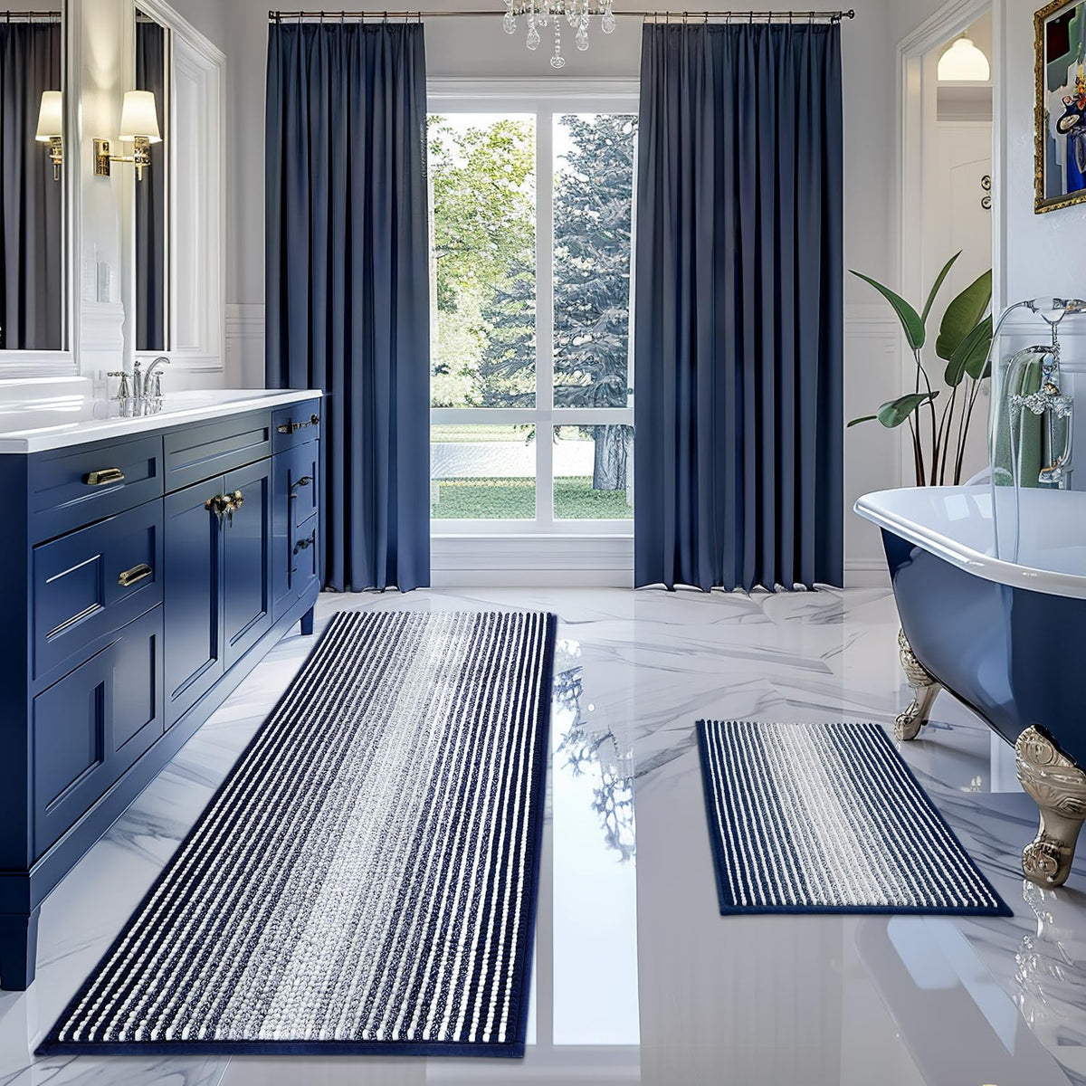 BSICPRO Large Chenille Bathroom Rugs Runner, 20x47 Striped Bath Mats, Beige