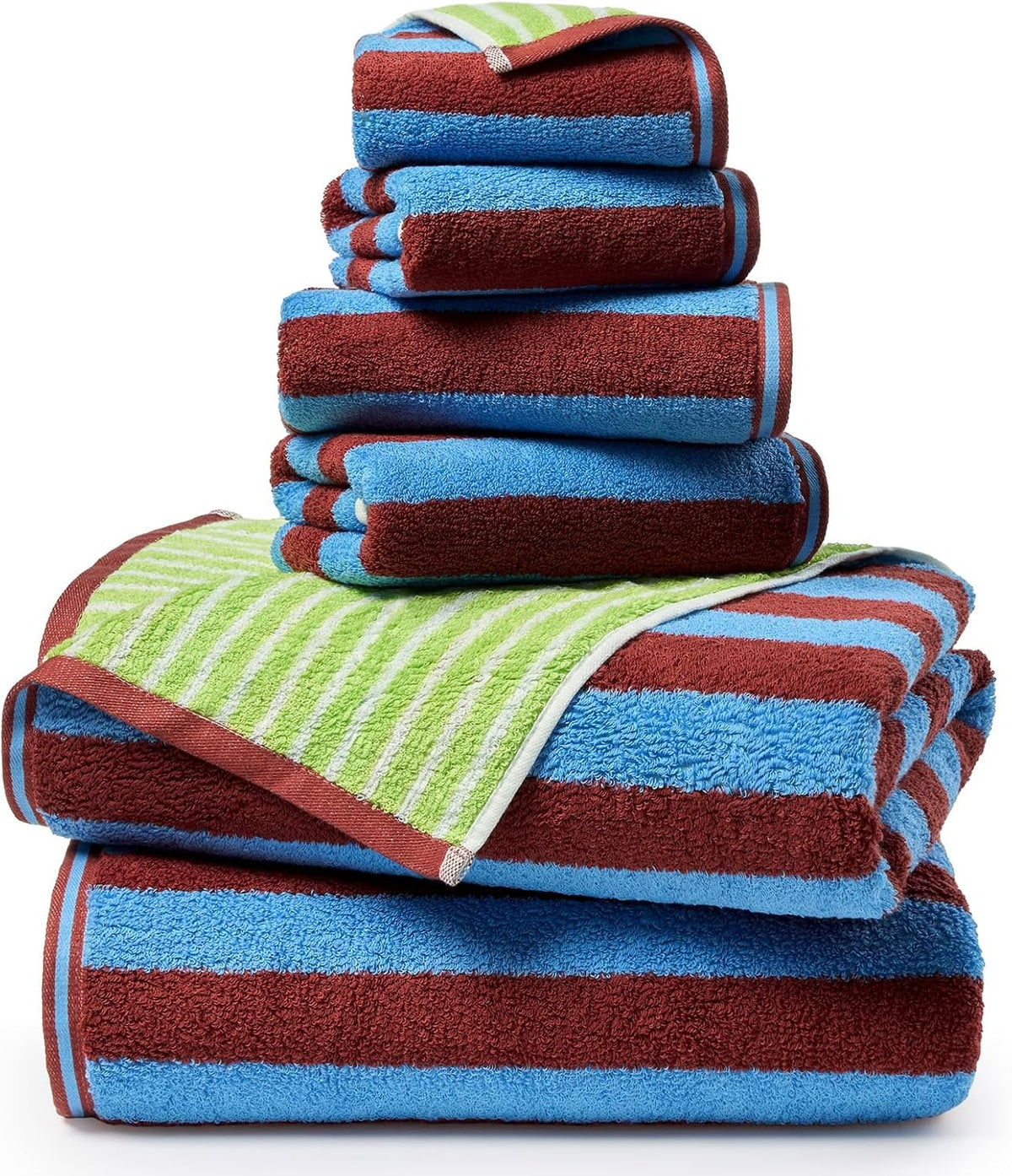 ecolook Reversible Striped Towel Set of 6, Soft 100% Cotton, Blue & Green