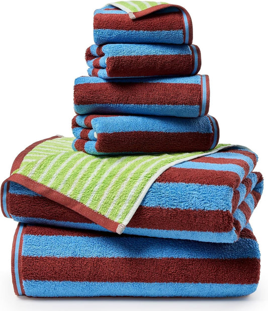 ecolook Reversible Striped Towel Set of 6, Soft 100% Cotton, Blue & Green