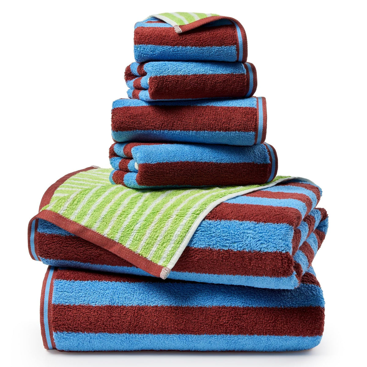 ecolook Reversible Striped Towel Set of 6, Soft 100% Cotton, Blue & Green
