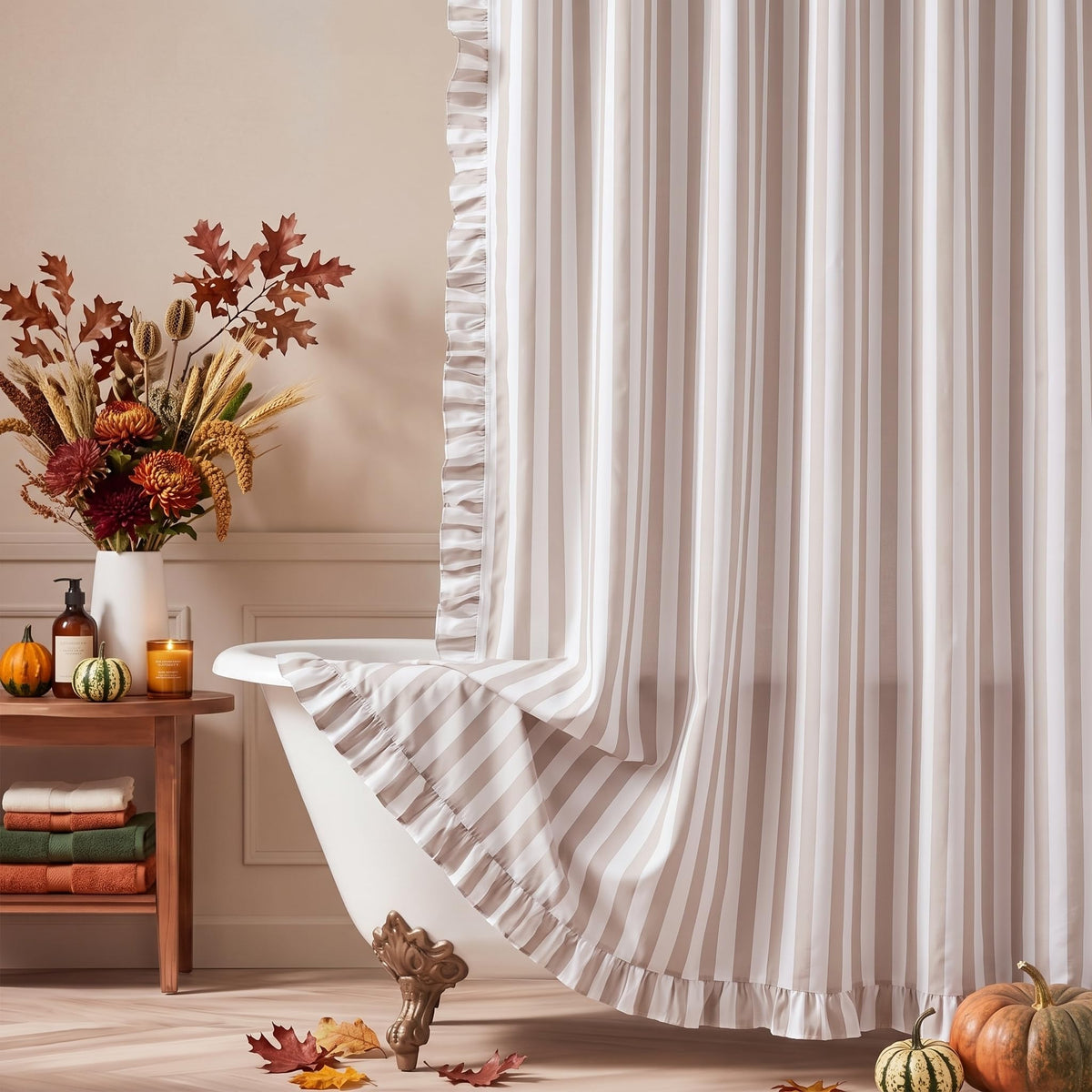 Pink Ruffled Striped Shower Curtain