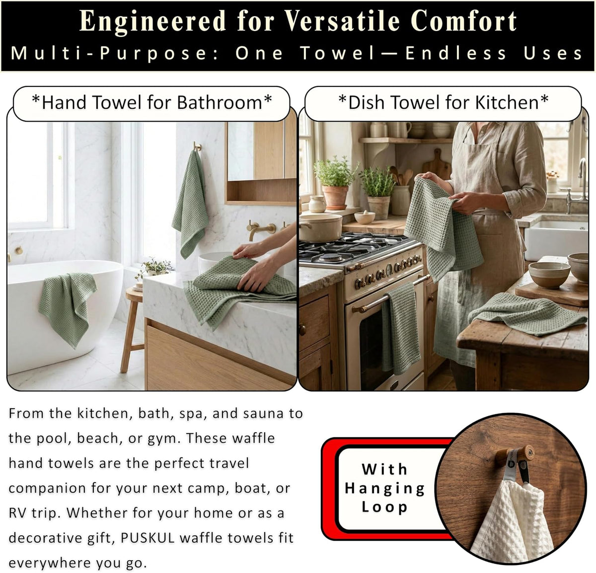 PÜSKÜL Natural 100% Turkish Cotton Waffle Hand and Kitchen Towels Set of 3