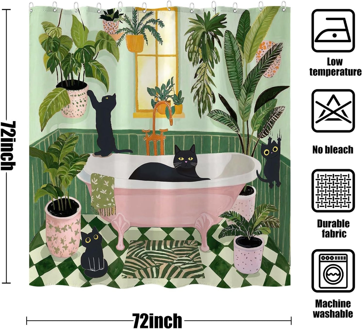 Funny Cat Shower Curtain for Bathroom Green 72x72 Inch