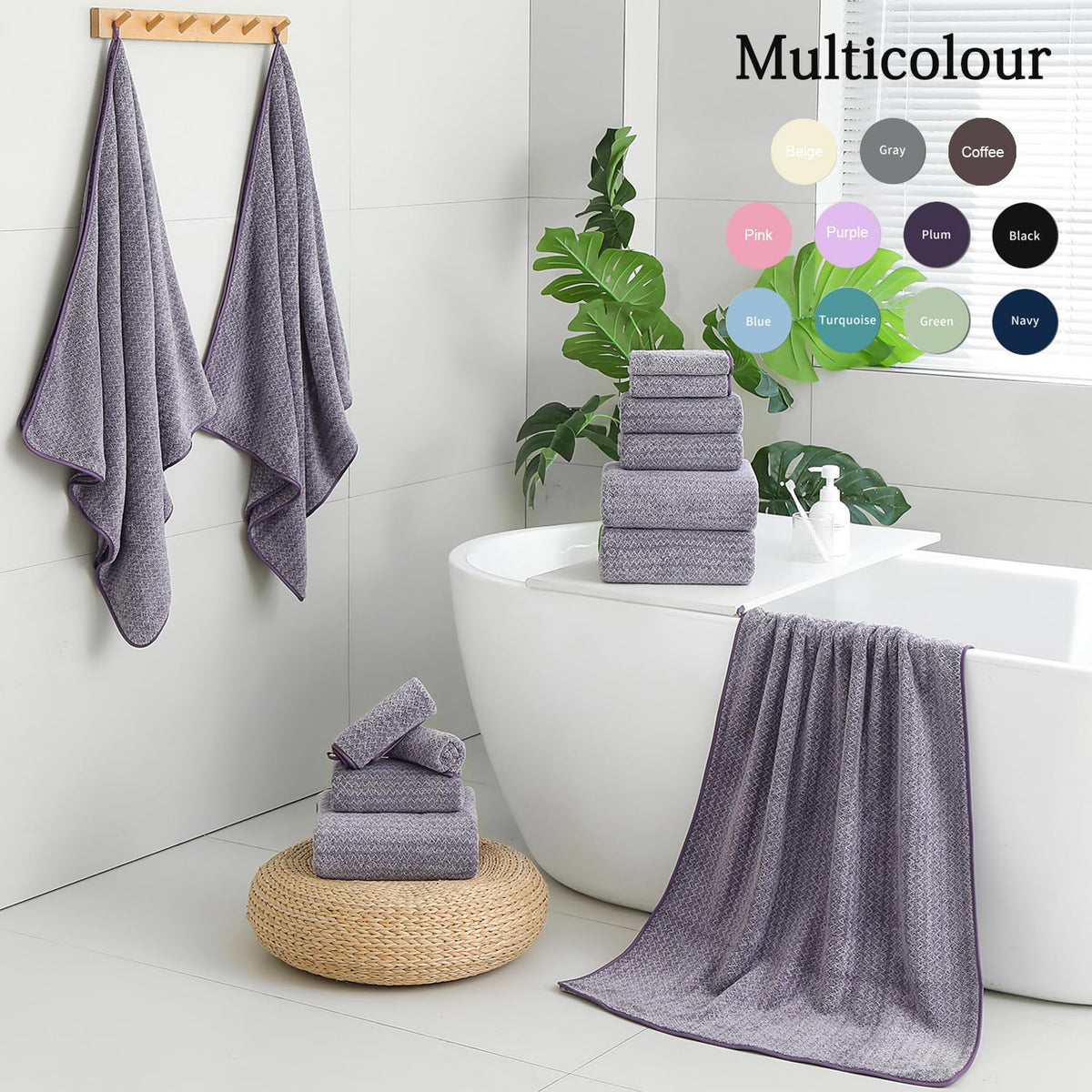 18 Piece Bath Towels Set,100% Microfiber Family Bathroom Towel with Hanging Loops-6 Bath Towels,6 Hand Towels,6 Washcloths,Quick Dry Highly Absorbent Shower Towel for Bathroom,Hotel,Spa-Dark Purple