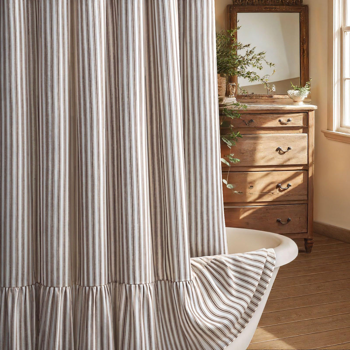 Farmhouse Shower Curtain Ruffle Linen Beige 72" W x 72" L