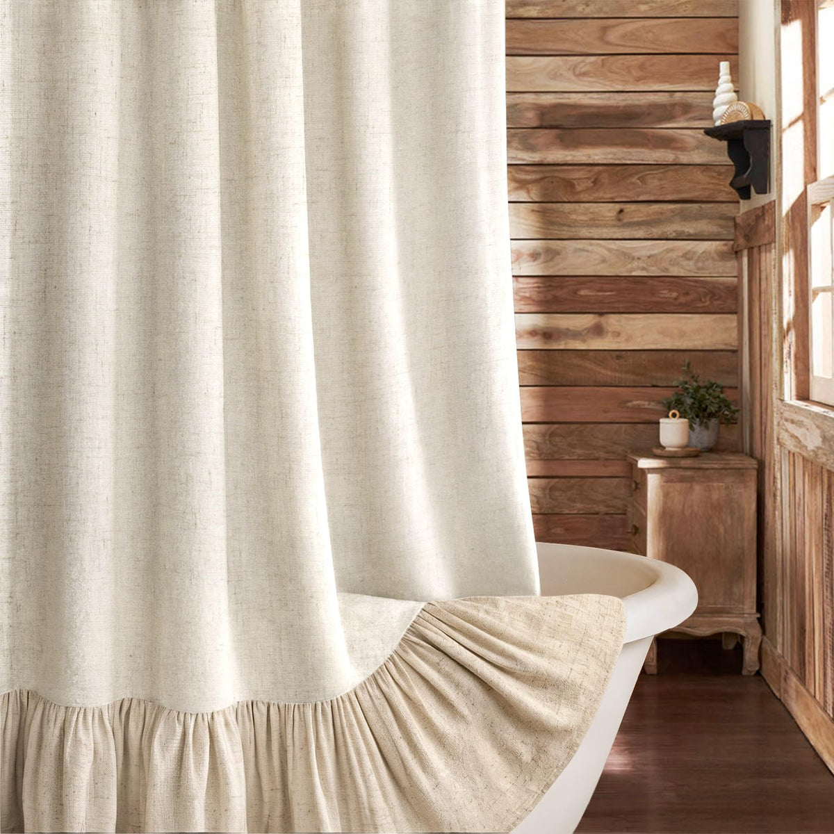Farmhouse Shower Curtain Ruffle Linen Beige 72" W x 72" L