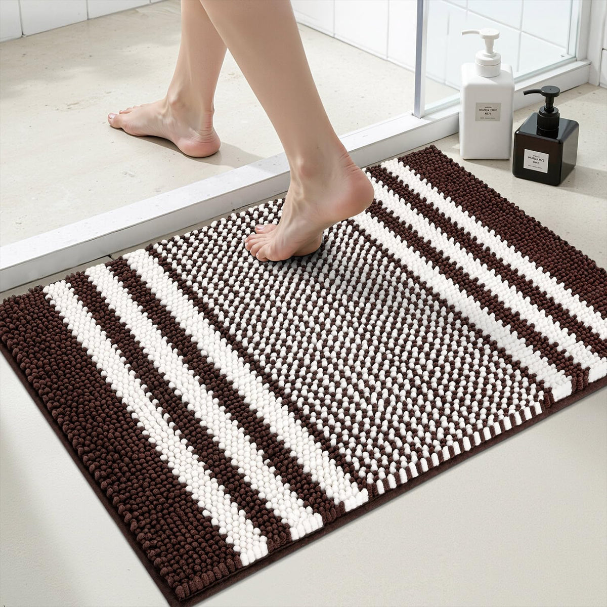 BSICPRO Large Chenille Bathroom Rugs Runner, 20x47 Striped Bath Mats, Beige