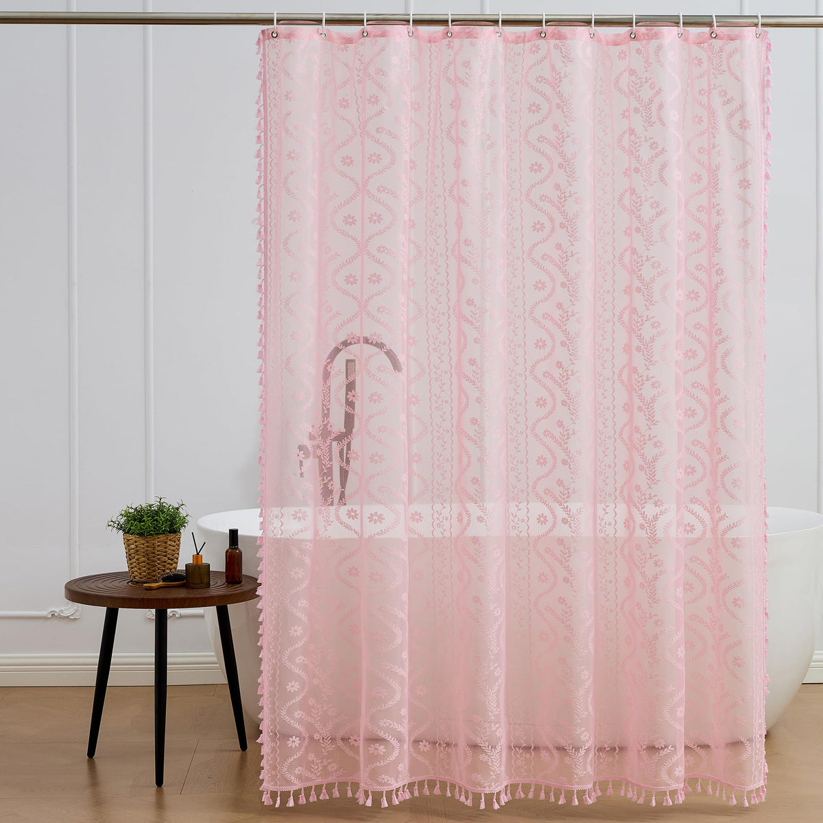 WAZZIO Dark Sage Green Lace Shower Curtain,Boho Chic,72 x 84 in
