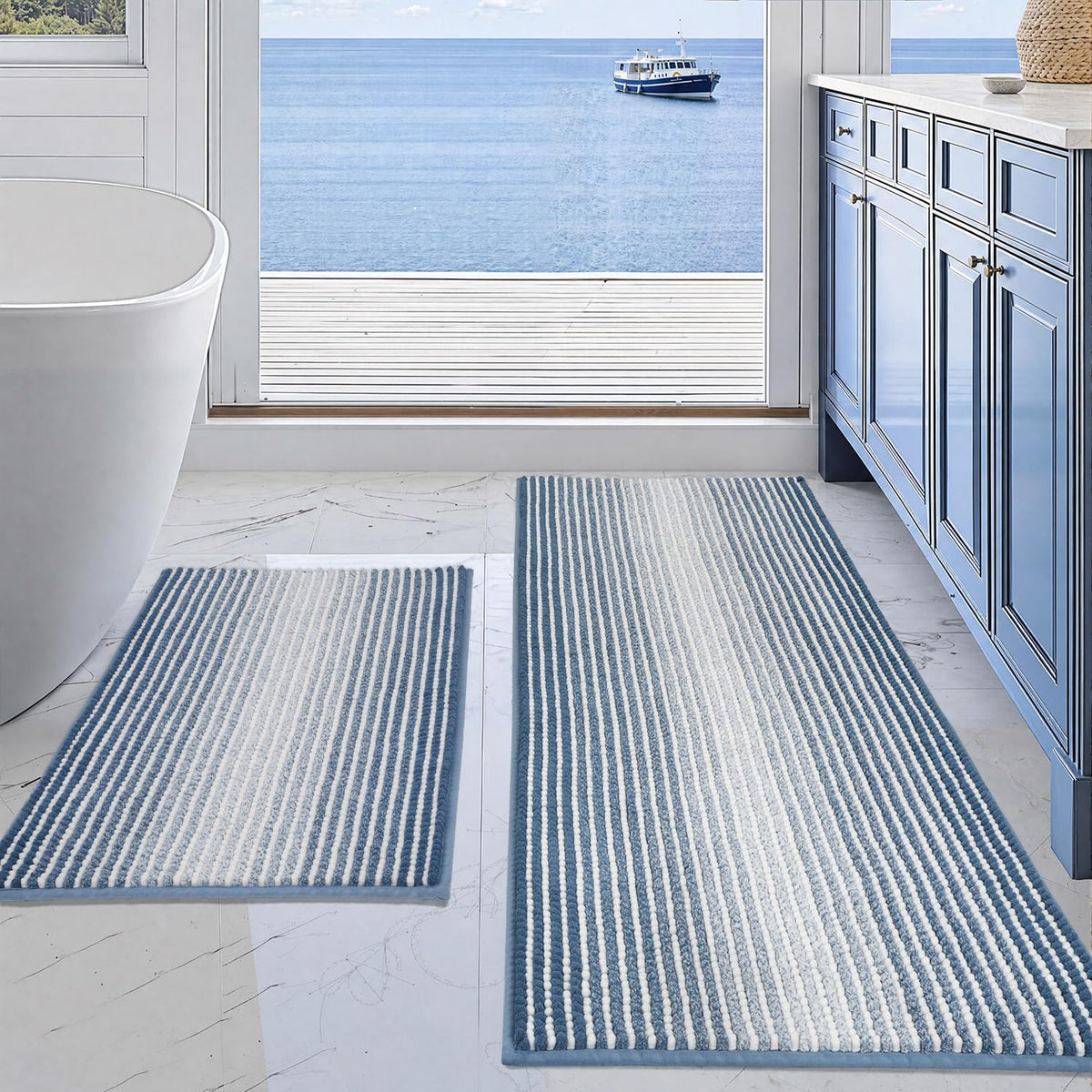 BSICPRO Large Chenille Bathroom Rugs Runner, 20x47 Striped Bath Mats, Beige