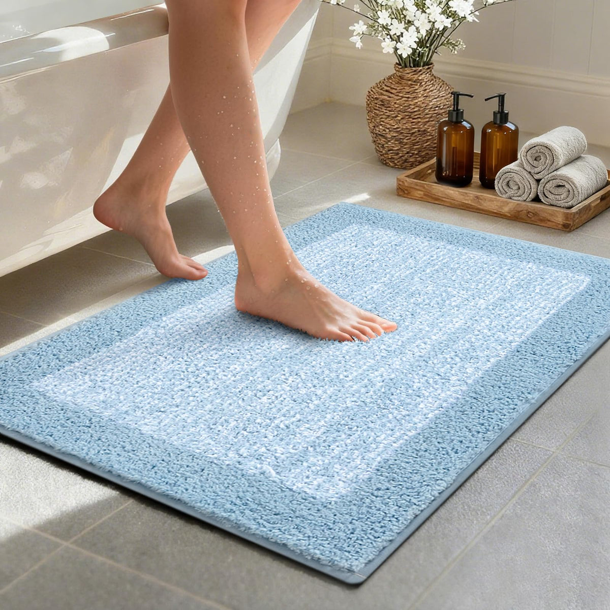 48x24 Long Bathroom Rugs Non Slip Washable, Soft Absorbent Bath Mat Blue