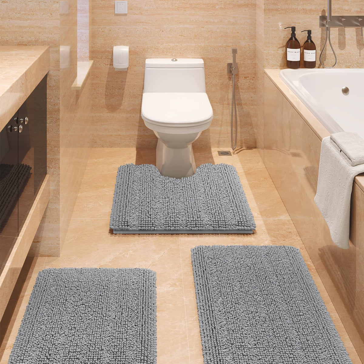 ACCUMTEK Christmas Striped Pink Bathroom Rug Set 3 Pieces Ultra Soft, Non Slip Chenille Toilet Mat, Absorbent Plush Shaggy Bath Mats for Bathroom, Bedroom, Kitchen
