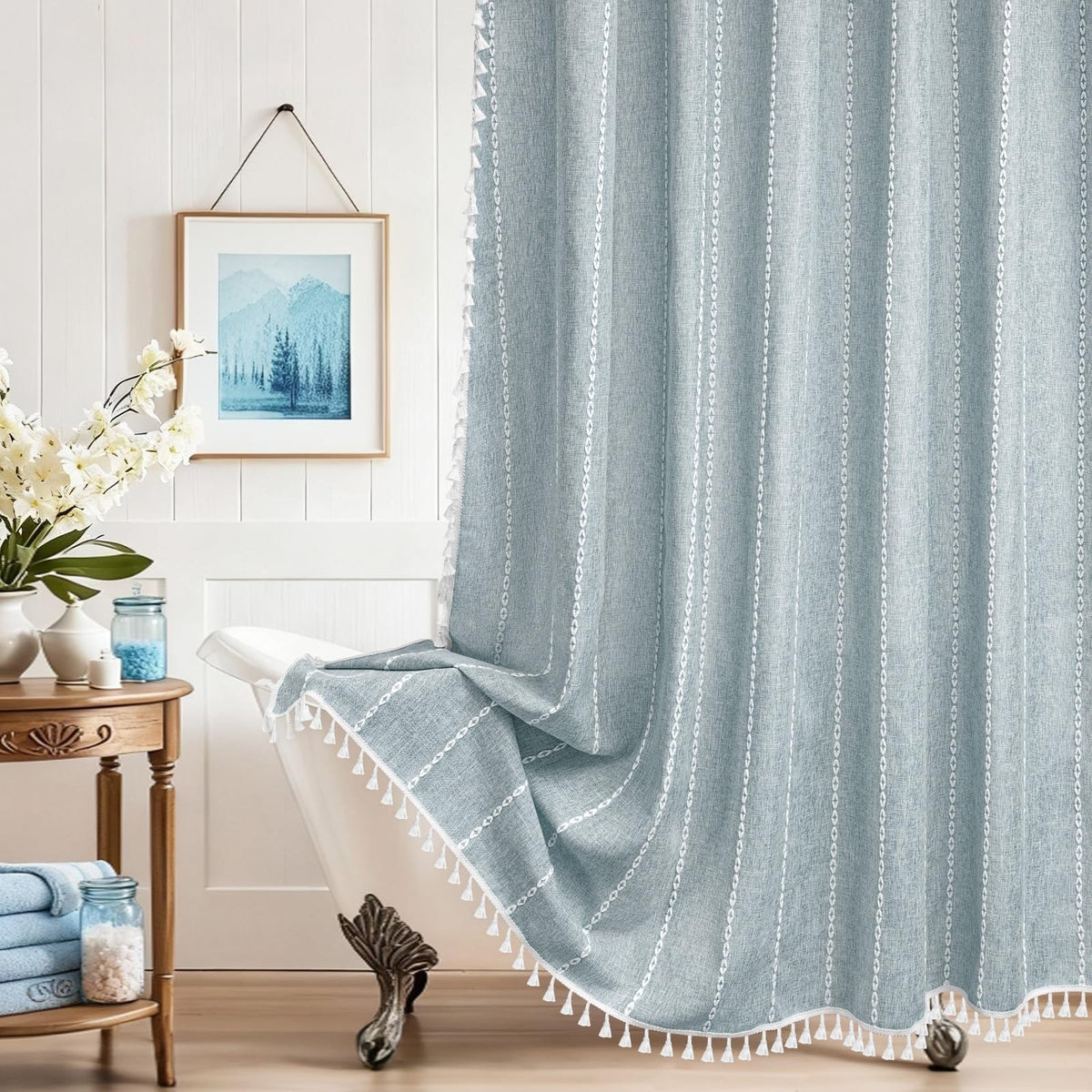 Seenus Boho Farmhouse Linen Shower Curtain with Tassels, Heavyweight Soft Fabric Shower Curtain Beige Water Repellent, 72 x 72 Inch Cream Elegant Bathroom Decor Shower Curtains Cotton Striped