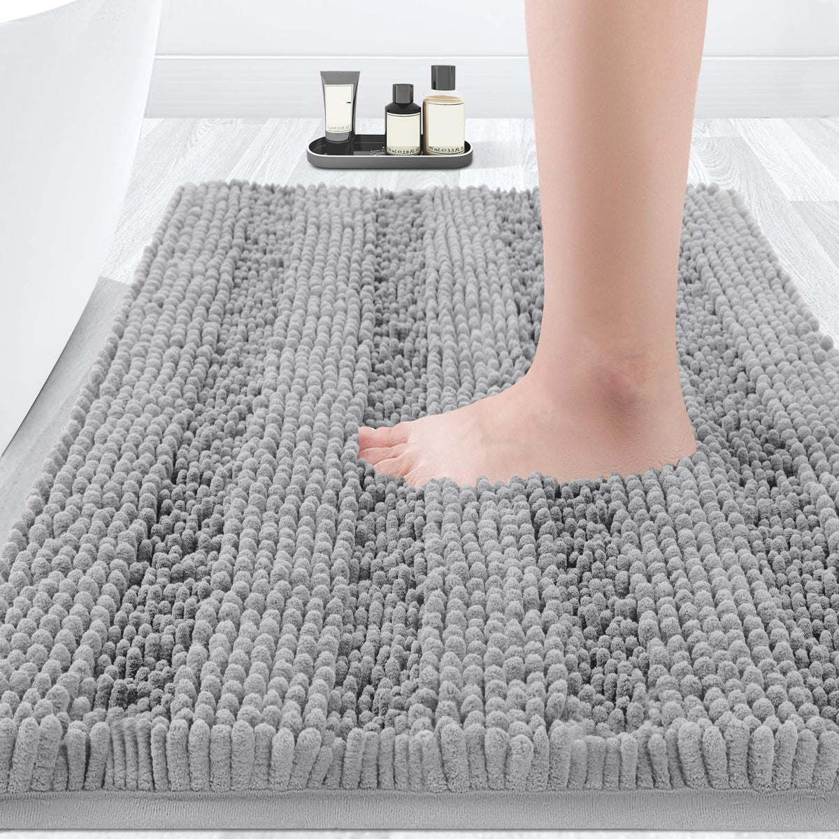 ACCUMTEK Christmas Striped Pink Bathroom Rug Set 3 Pieces Ultra Soft, Non Slip Chenille Toilet Mat, Absorbent Plush Shaggy Bath Mats for Bathroom, Bedroom, Kitchen