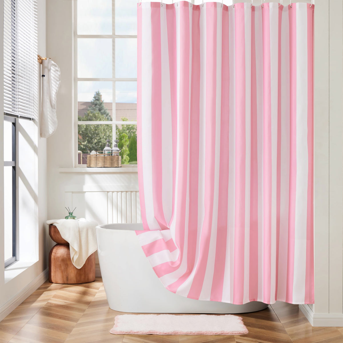 Ohocut Vertical Striped Shower Curtain, Cute Retro Vintage Stripe Farmhouse Bathroom Shower Curtain, Waterproof Polyester Fabric Modern Shower Curtain for Bathroom 72x72 Inches (Double Pink)
