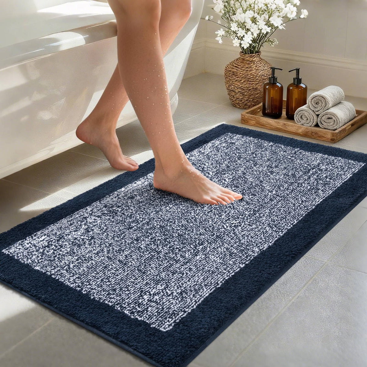 48x24 Long Bathroom Rugs Non Slip Washable, Soft Absorbent Bath Mat Blue