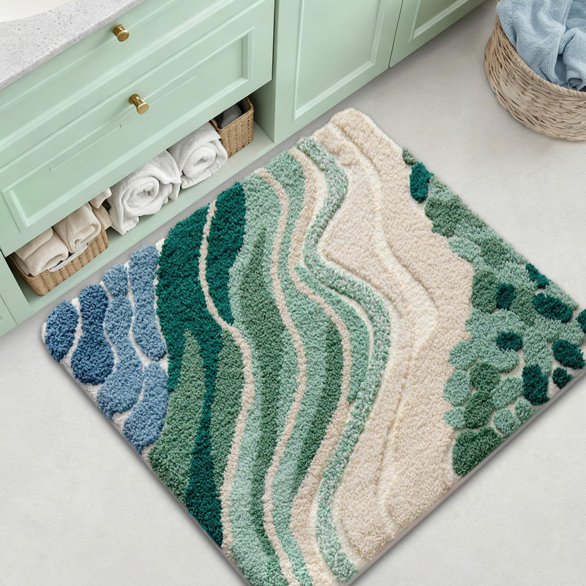 LUMI Square Beach Bathroom Rug 32x32, Soft Absorbent Bath Mat, Non Slip