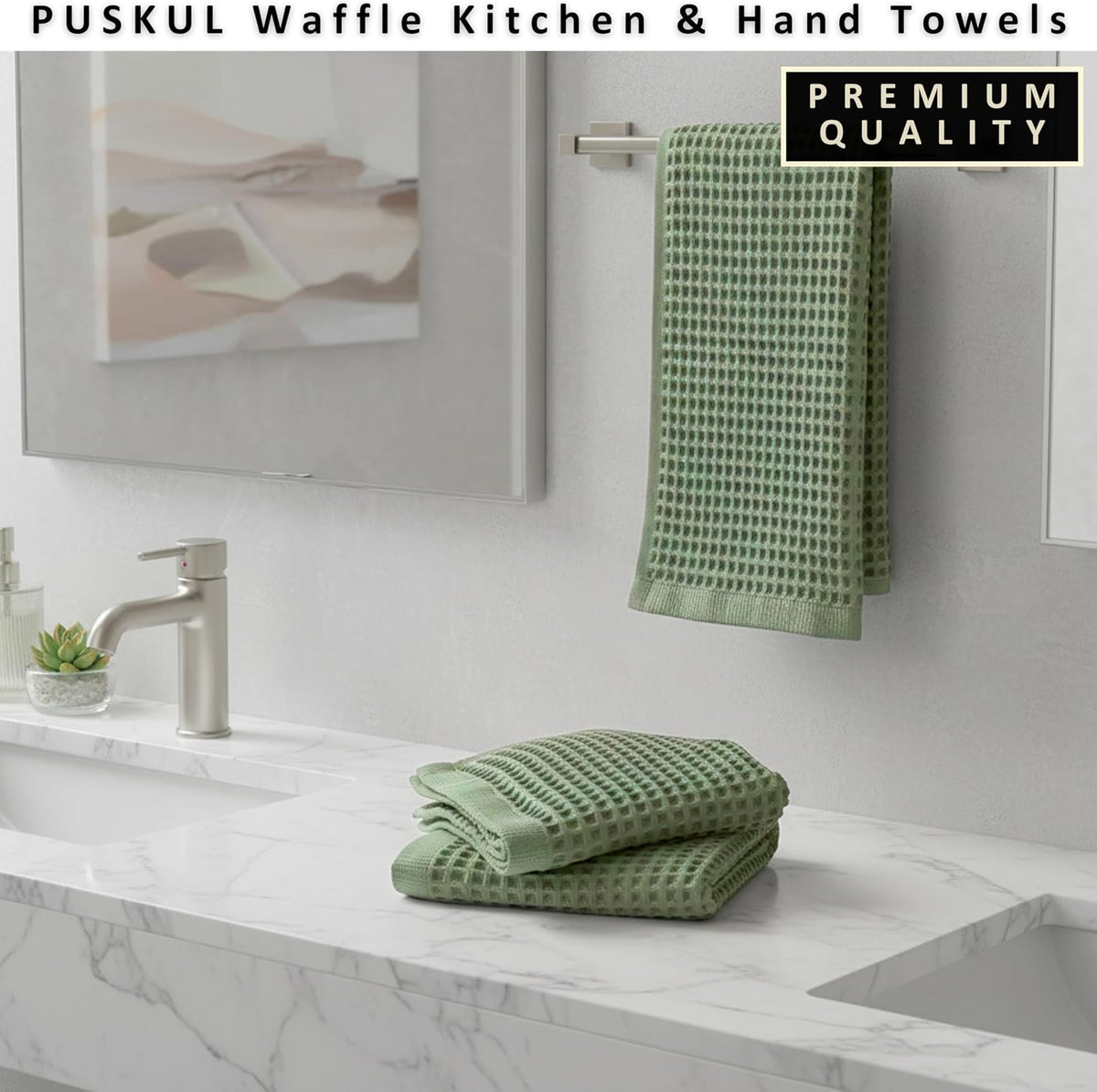PÜSKÜL Natural 100% Turkish Cotton Waffle Hand and Kitchen Towels Set of 3