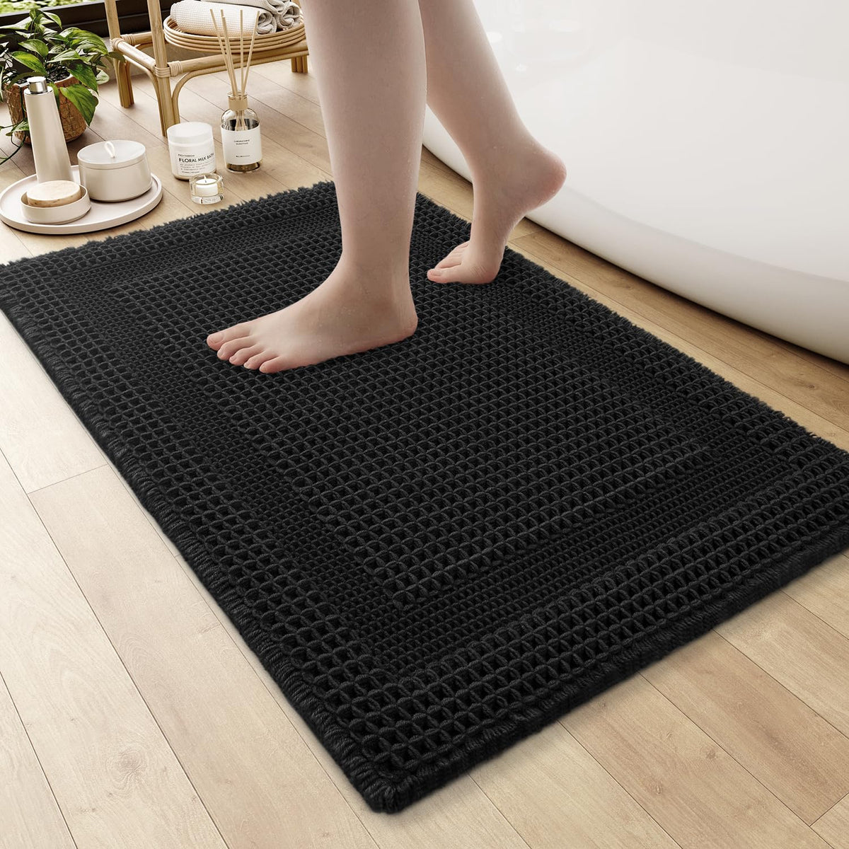 AMOAMI Waffle Bath Mat, Absorbent Bathroom Rugs Non Slip 24''x36'' Beige