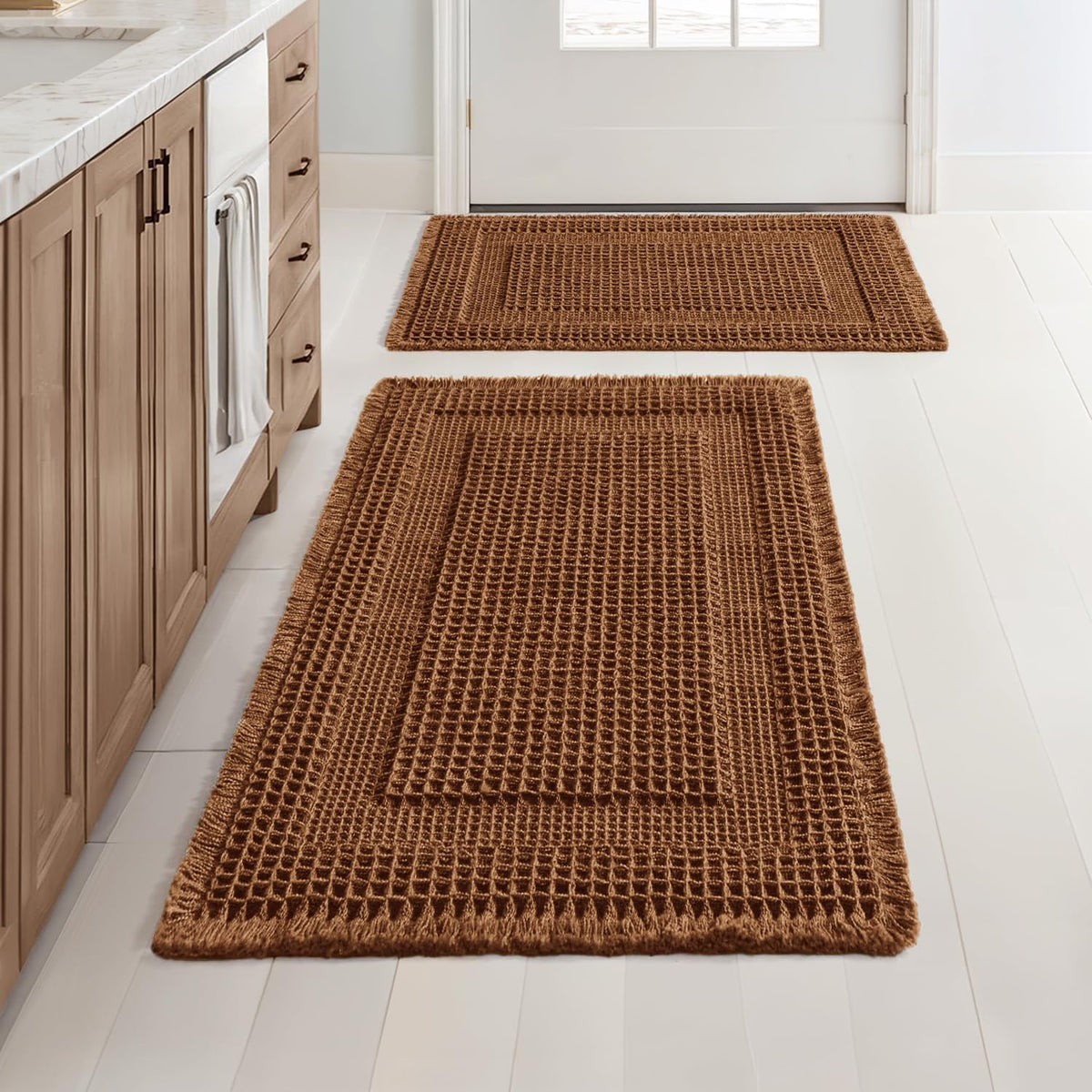 MIULEE Set of 2 Waffle Bathroom Rugs Brown&Cream Boho Bath Mat 17x24+18x30