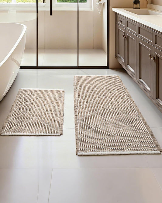 Furicher Waffle Bath Mat Set, Non Slip Bathroom Rugs 2 Piece, Brown & White