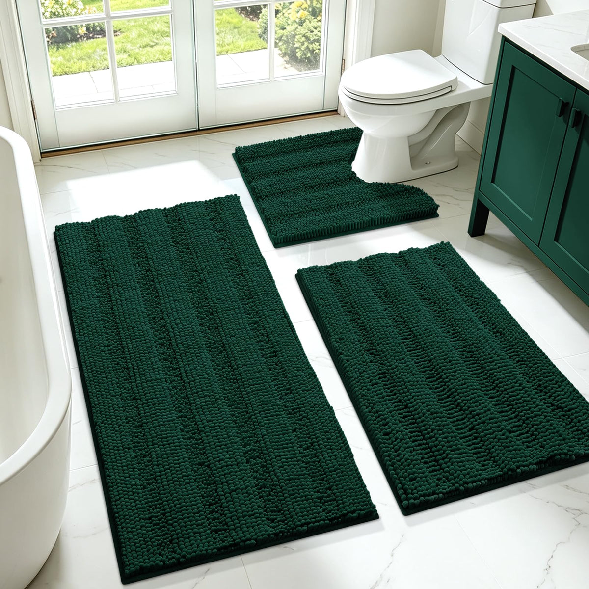 ACCUMTEK Christmas Striped Pink Bathroom Rug Set 3 Pieces Ultra Soft, Non Slip Chenille Toilet Mat, Absorbent Plush Shaggy Bath Mats for Bathroom, Bedroom, Kitchen
