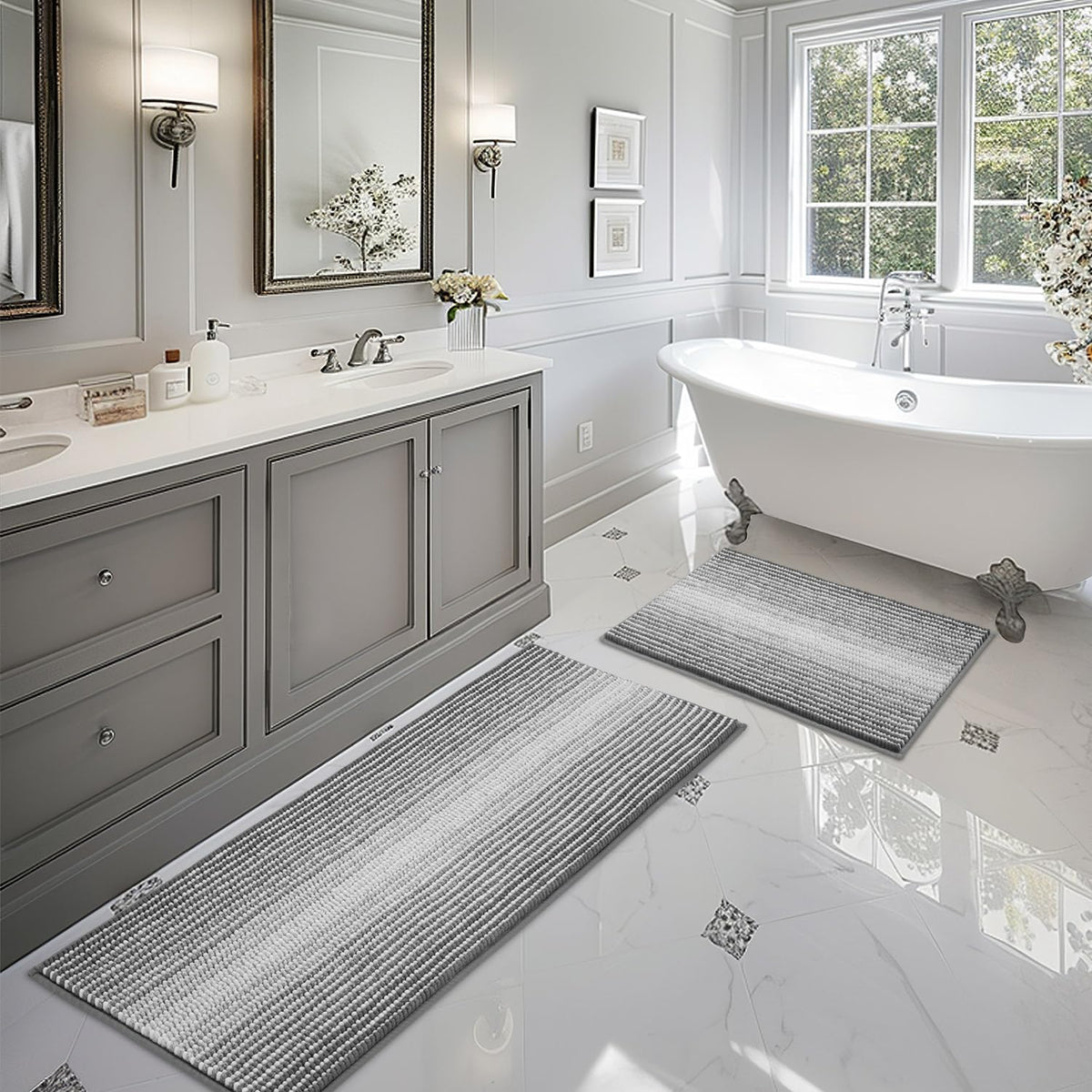BSICPRO Large Chenille Bathroom Rugs Runner, 20x47 Striped Bath Mats, Beige