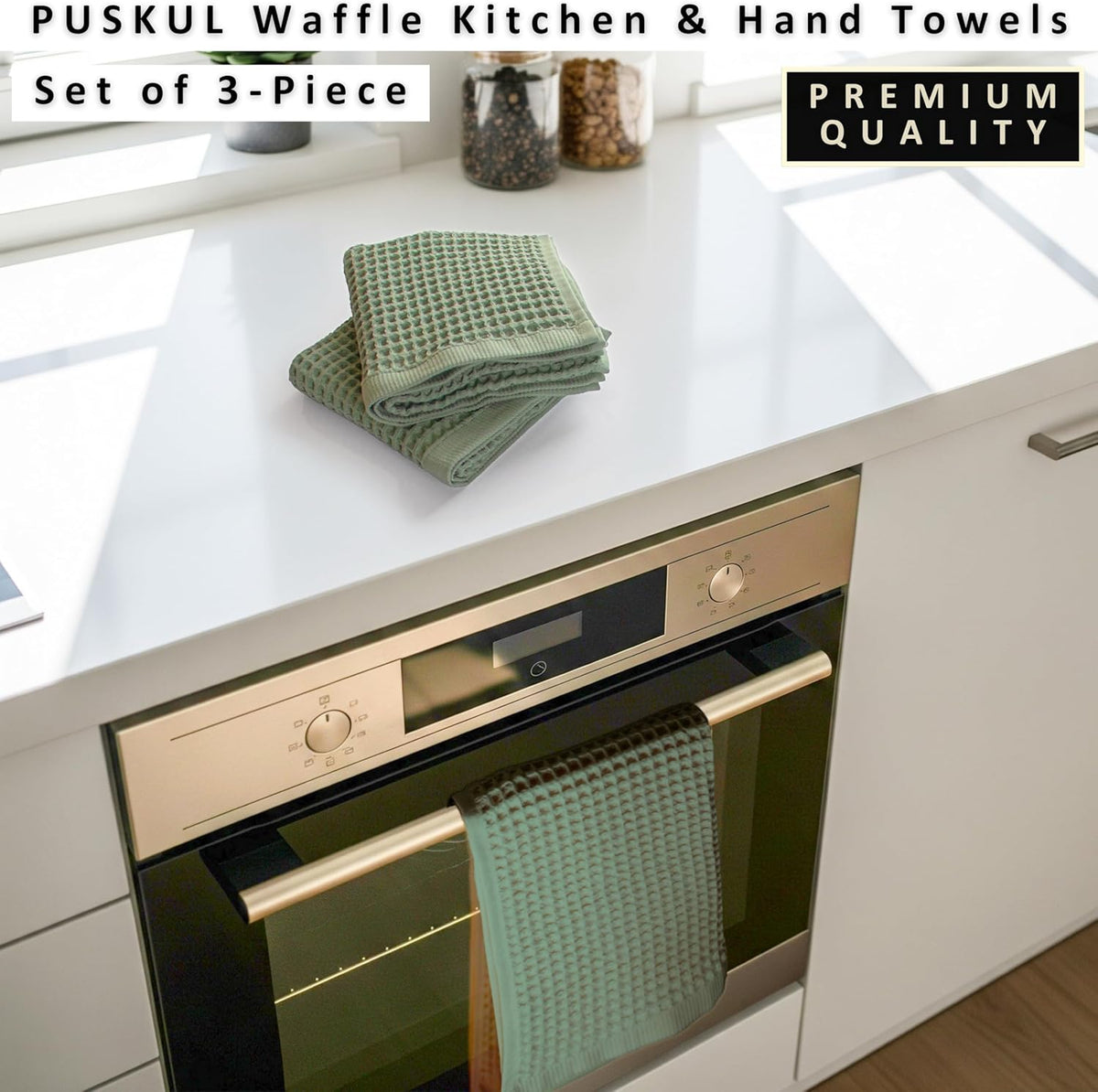 PÜSKÜL Natural 100% Turkish Cotton Waffle Hand and Kitchen Towels Set of 3