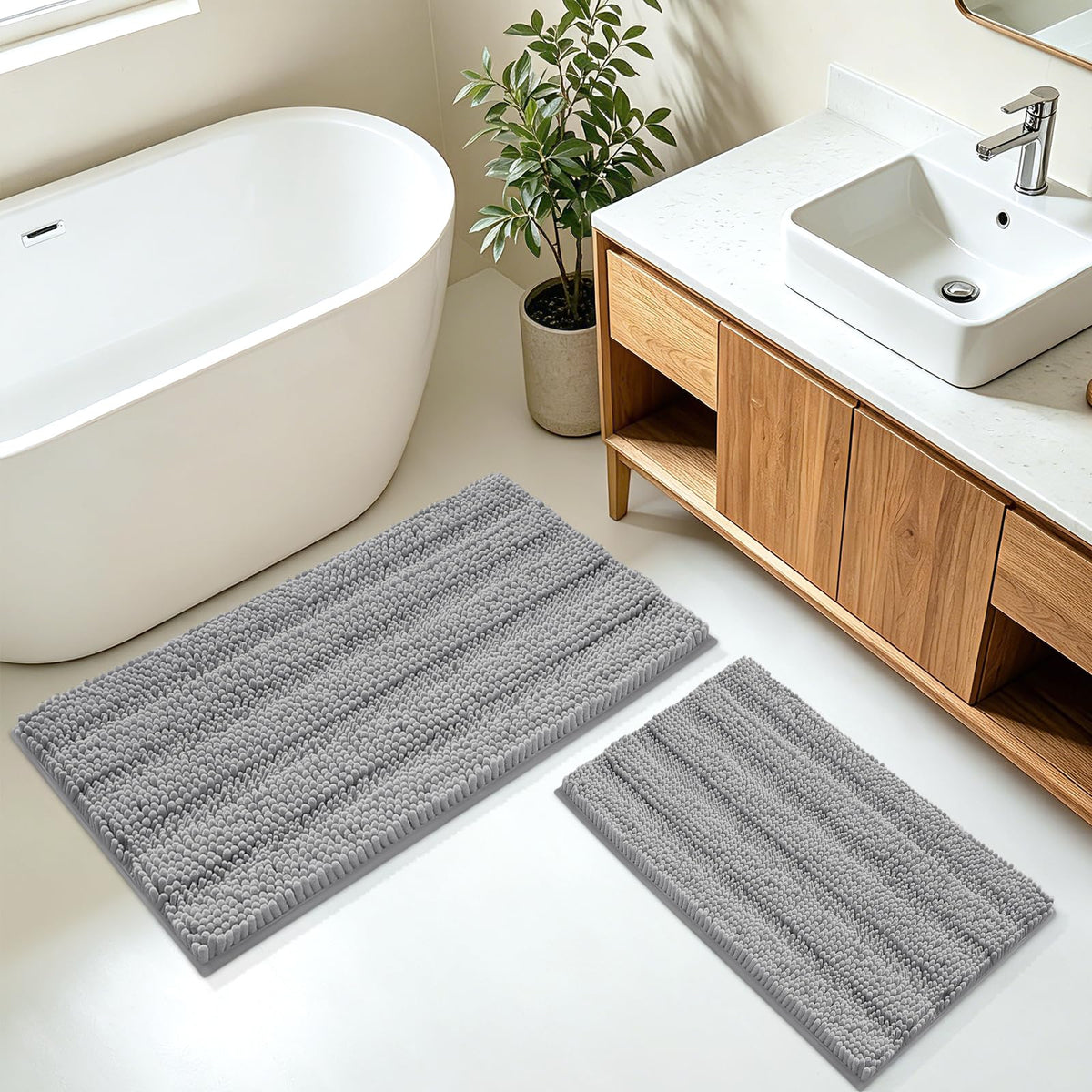 ACCUMTEK Christmas Striped Pink Bathroom Rug Set 3 Pieces Ultra Soft, Non Slip Chenille Toilet Mat, Absorbent Plush Shaggy Bath Mats for Bathroom, Bedroom, Kitchen