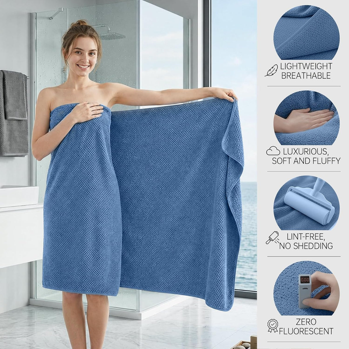 MaopaoBeauty Bath Towels for Bathroom Towel Set Shower Towels Bath Towels Set of 4 (1 Bath Towel, 1 Hair Towel, 1 Hand Towel, 1 Washcloth),Soft and Absorbent (Blue)