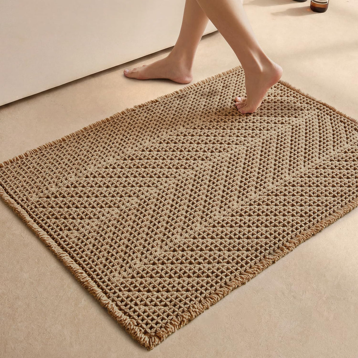 Sunfly Boho Herringbone Waffle Bath Mat, Ultra Soft Non-Slip Bathroom Rug - Super Absorbent & Quick Dry, Washable Bath Rug for Bathroom 16"x24" Taupe