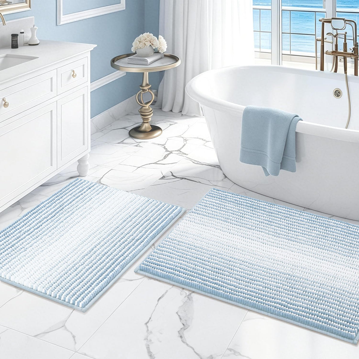 BSICPRO Large Chenille Bathroom Rugs Runner, 20x47 Striped Bath Mats, Beige