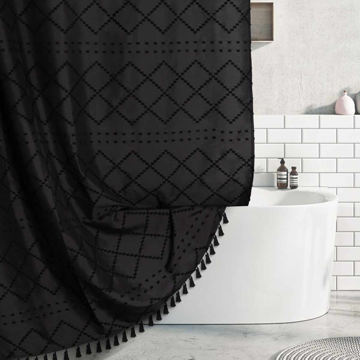 White Boho Shower Curtain Fabric Shower Curtains with Tassel 72 x 72 Modern Textured Shower Curtain Farmhouse Minimalist, Tufted Chevron Striped Shabby Chic, Water Resistant Cloth Curtain for Bathroom