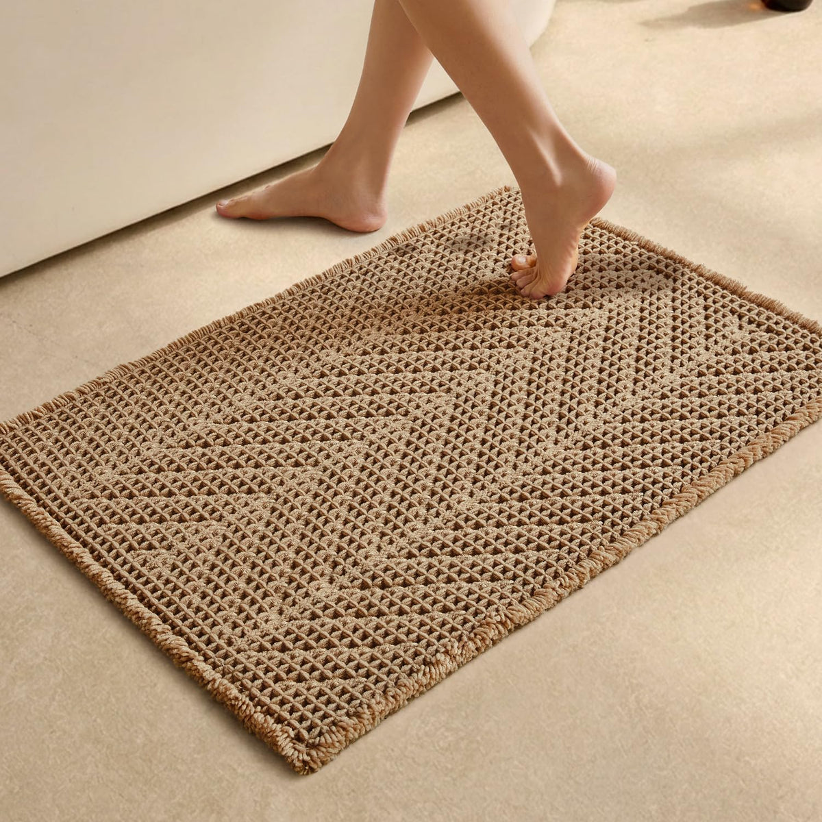 Sunfly Boho Herringbone Waffle Bath Mat, Ultra Soft Non-Slip Bathroom Rug - Super Absorbent & Quick Dry, Washable Bath Rug for Bathroom 16"x24" Taupe