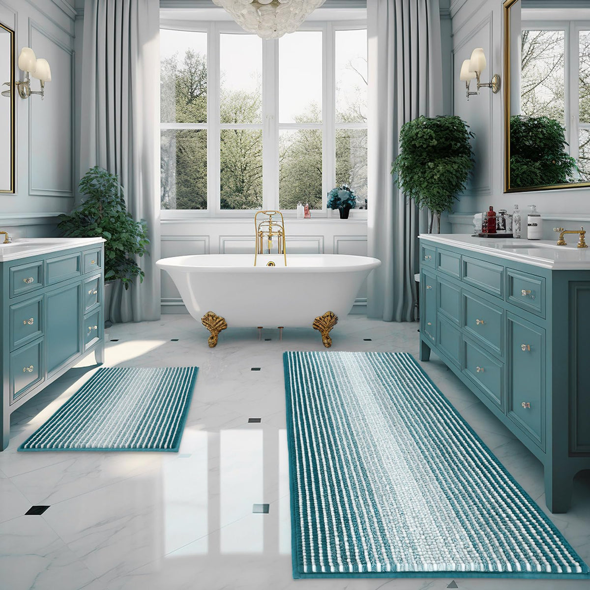 BSICPRO Large Chenille Bathroom Rugs Runner, 20x47 Striped Bath Mats, Beige