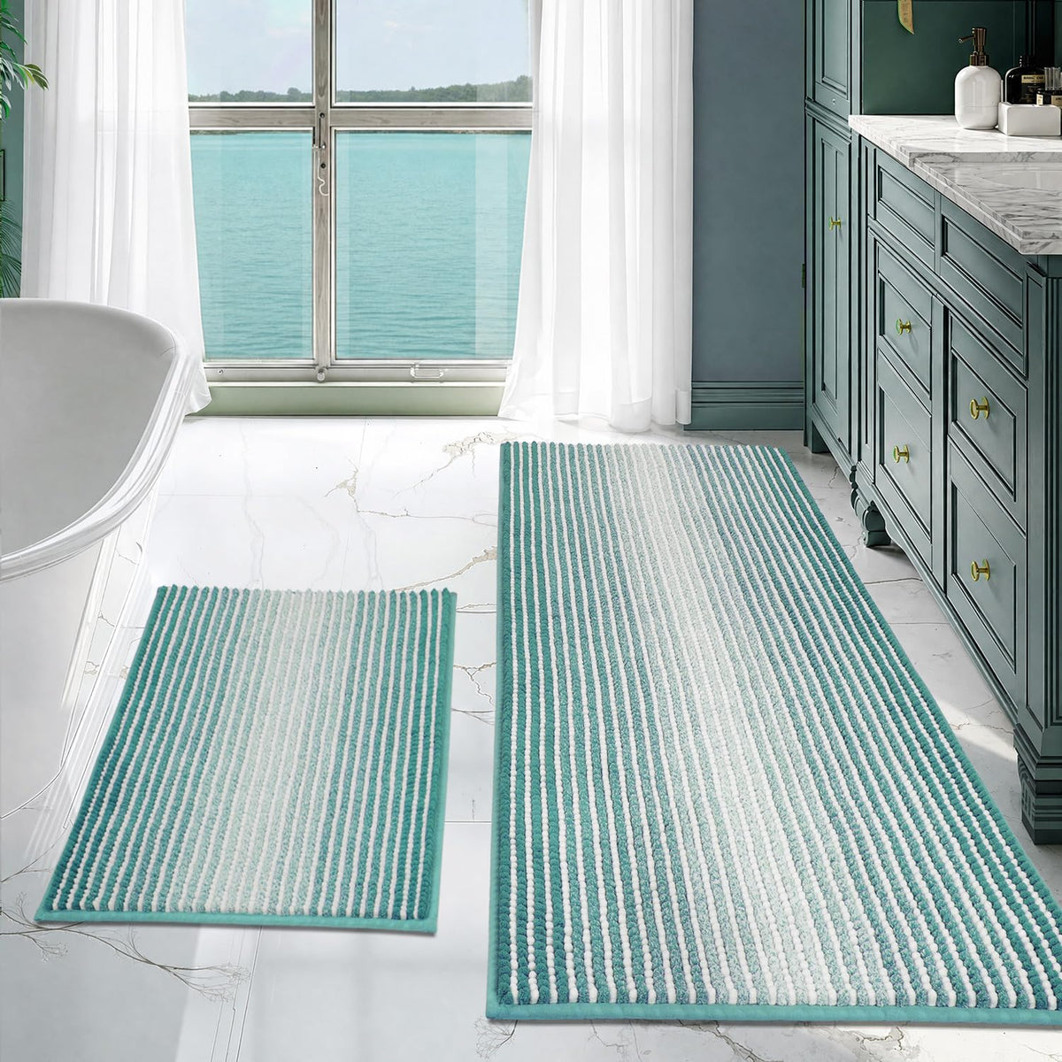 BSICPRO Large Chenille Bathroom Rugs Runner, 20x47 Striped Bath Mats, Beige