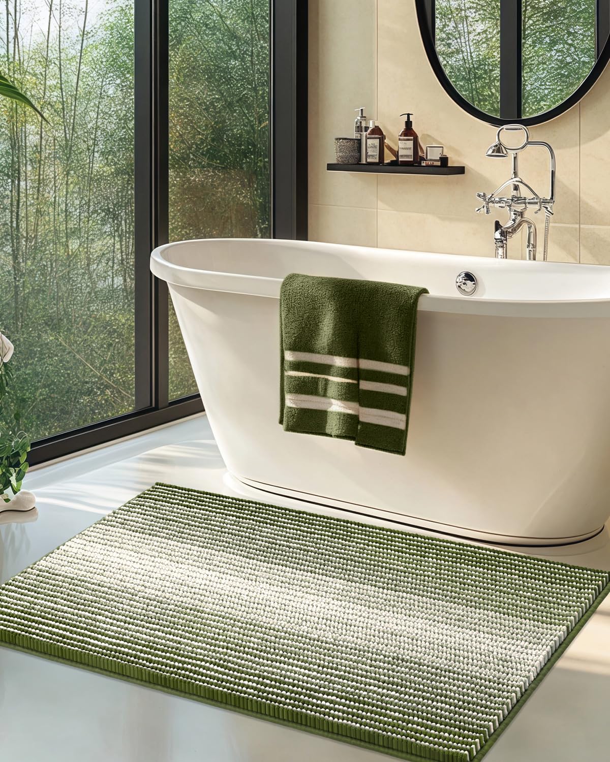 BSICPRO Large Chenille Bathroom Rugs Runner, 20x47 Striped Bath Mats, Beige