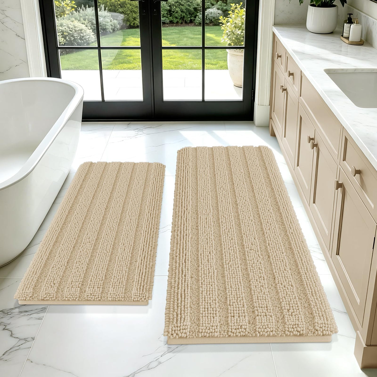 ACCUMTEK Christmas Striped Pink Bathroom Rug Set 3 Pieces Ultra Soft, Non Slip Chenille Toilet Mat, Absorbent Plush Shaggy Bath Mats for Bathroom, Bedroom, Kitchen