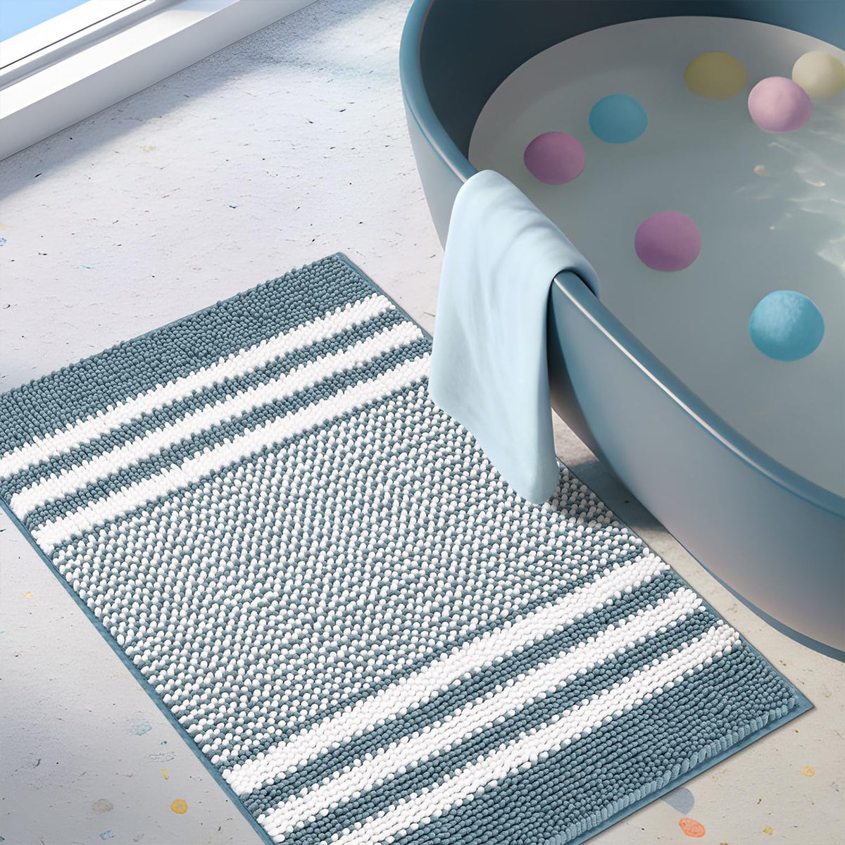 BSICPRO Large Chenille Bathroom Rugs Runner, 20x47 Striped Bath Mats, Beige