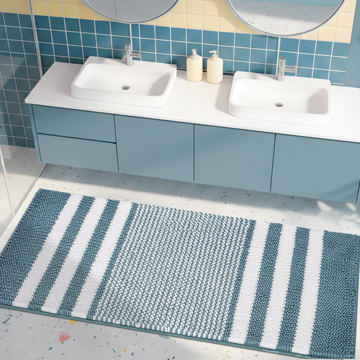 BSICPRO Large Chenille Bathroom Rugs Runner, 20x47 Striped Bath Mats, Beige
