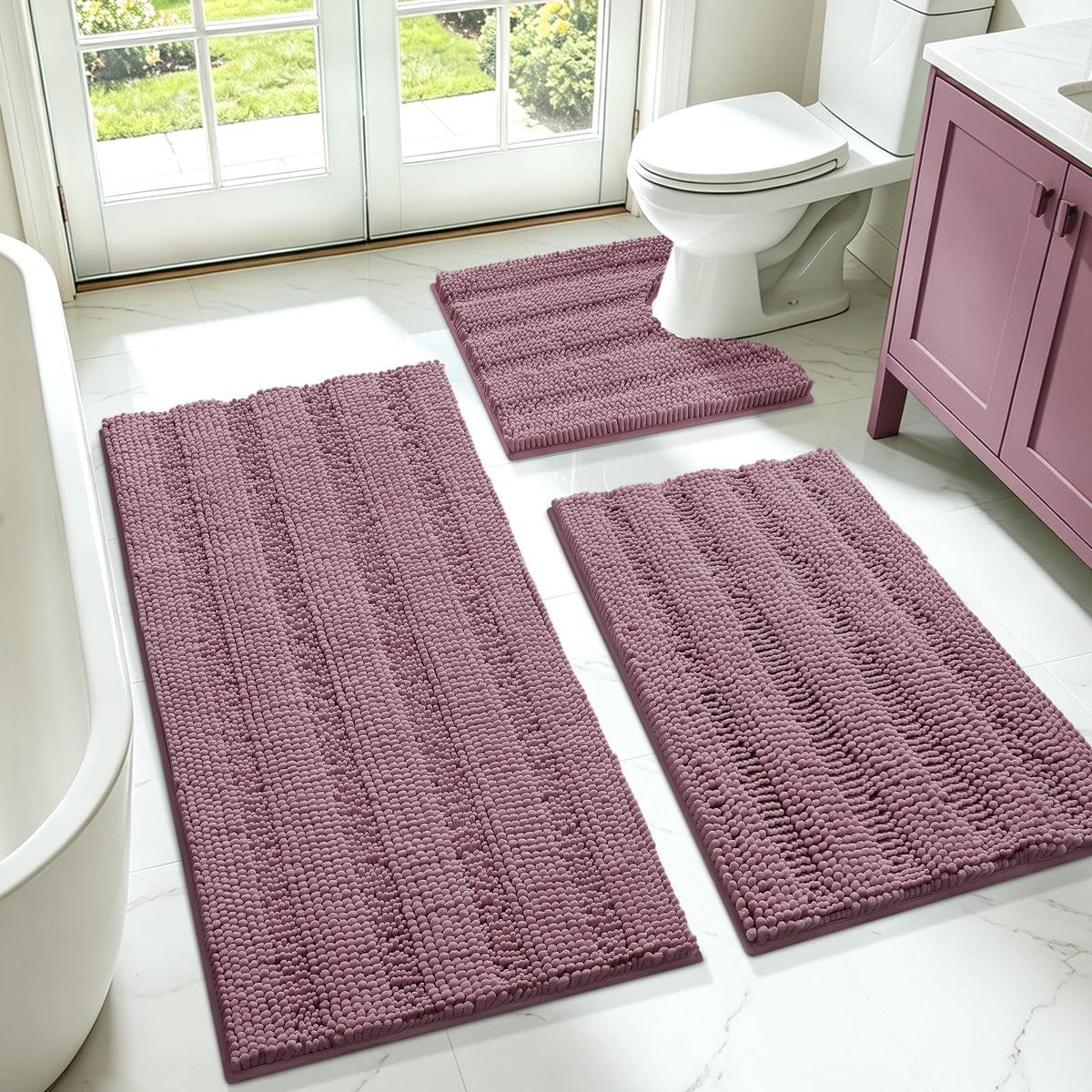 ACCUMTEK Christmas Striped Pink Bathroom Rug Set 3 Pieces Ultra Soft, Non Slip Chenille Toilet Mat, Absorbent Plush Shaggy Bath Mats for Bathroom, Bedroom, Kitchen